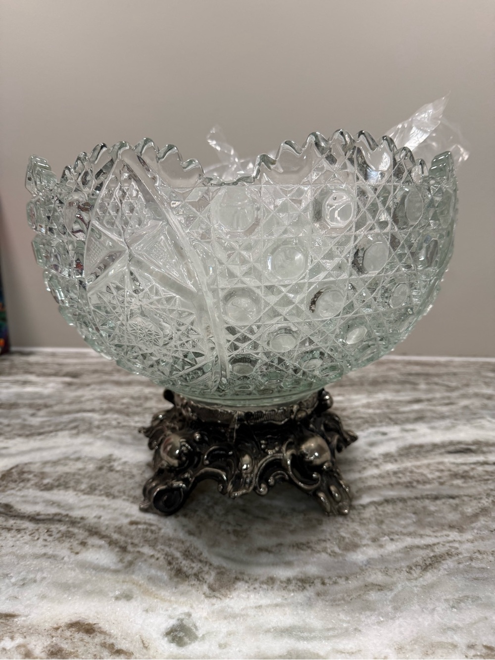 Pressed Glass Punch Bowl with Ornate Metal Base - Clear Glass